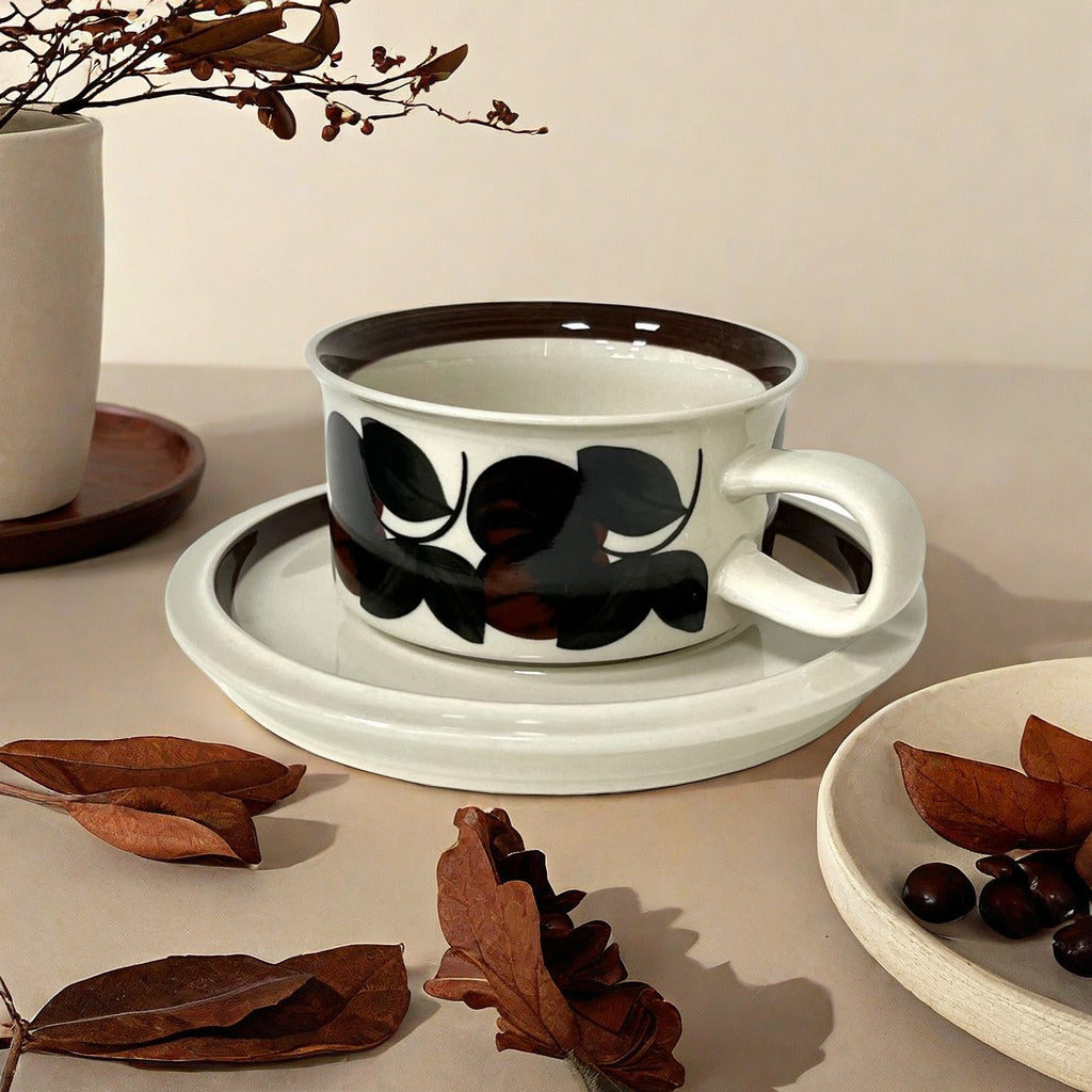 Dark Brown Leaves Vintage Style Ceramic Coffee Cup and Saucer Set WEEKO