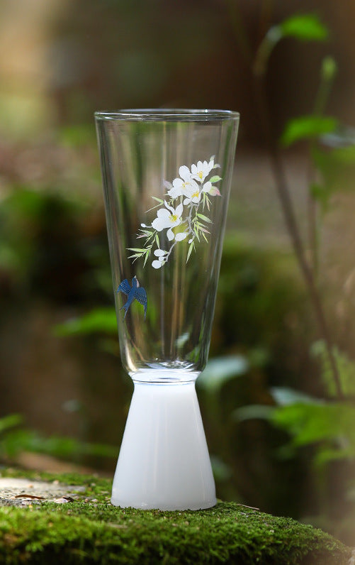 Elegant Highball Glass & Champagne Flutes | Painted Designs White Flowers And Blue Bird WEEKO