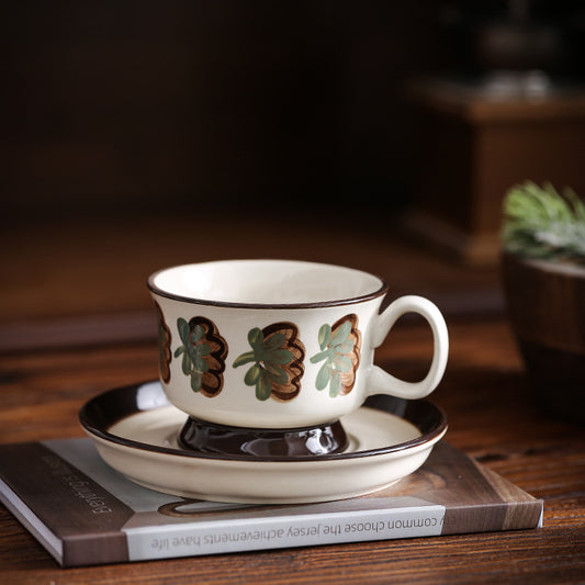 Hand-Painted Vintage Brown Flower Ceramic Coffee Cup Set WEEKO