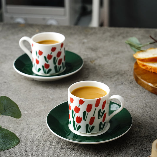 Vintage Style Tulip Ceramic Coffee Cup and Green Saucer | Tableware - WEEKO