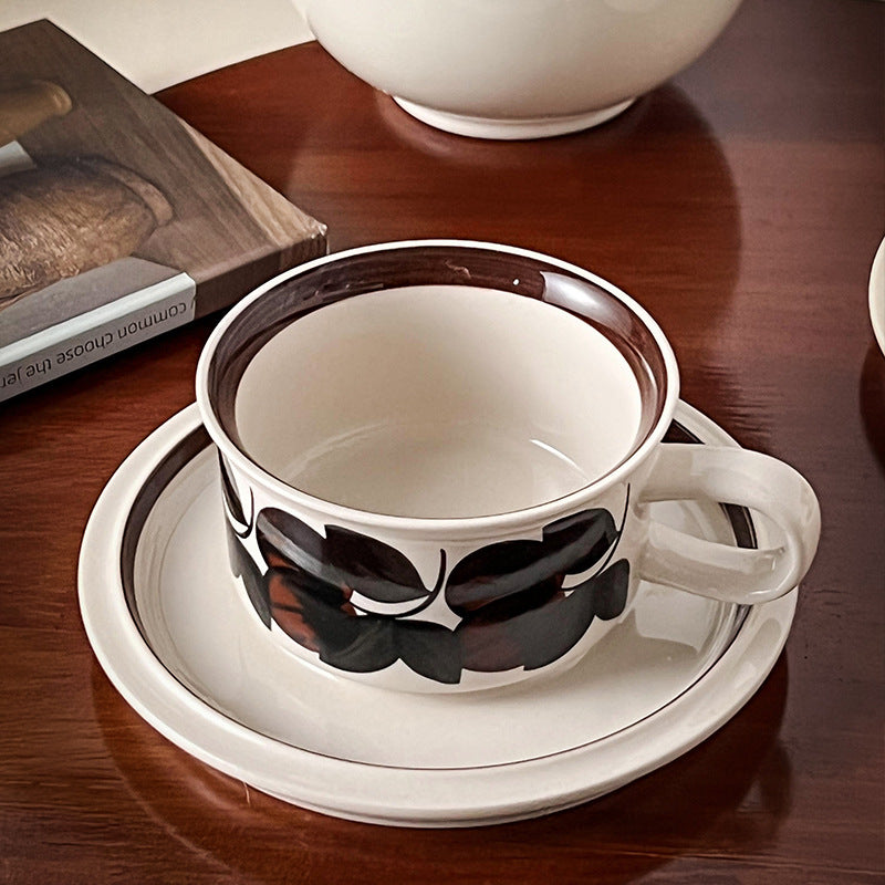 Dark Brown Leaves Vintage Style Ceramic Coffee Cup and Saucer Set WEEKO