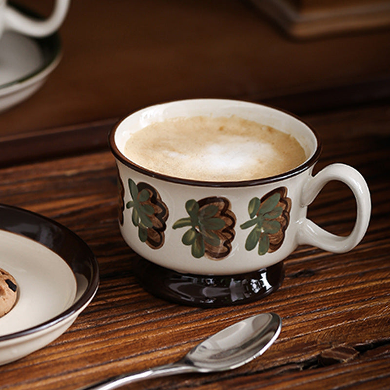 Hand-Painted Vintage Brown Flower Ceramic Coffee Cup Set WEEKO